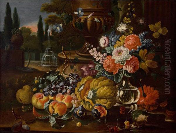 Natura Morta Con Frutta, Fiori E Zucca In Un Giardino Oil Painting by Giovanni Paolo Castelli Spadino