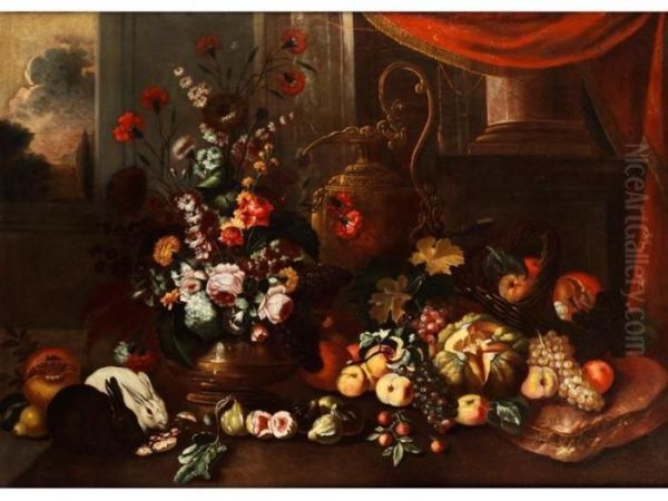 Grosses Blumen- Und Fruchtestilleben Mit Prunkgeschirr Oil Painting by Giovanni Paolo Castelli Spadino