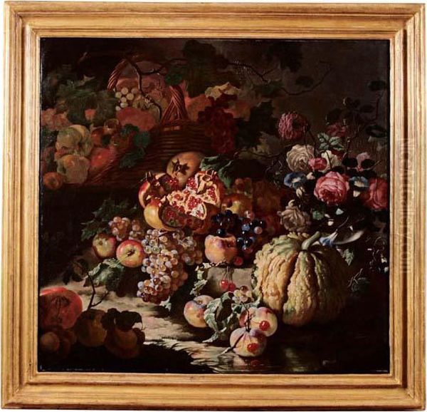 Trionfo Di Frutta Con Melagrane, Una Zucca, Grappoli D'uva E Un Vaso Di Fiori Oil Painting by Giovanni Paolo Castelli Spadino