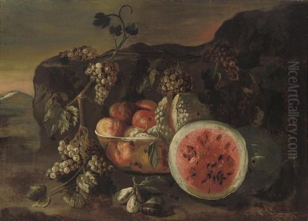 A Watermelon, Peaches And Figs In A Bowl, Grapes And Vine Leaves,in A Landscape Oil Painting by Giovanni Paolo Castelli Spadino