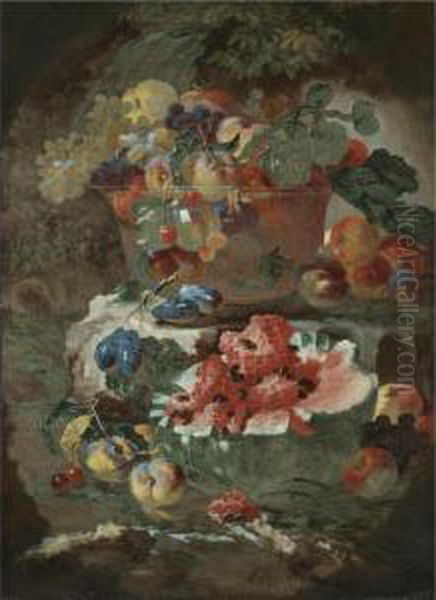 Still Life Of Fruit Including An
 Open Watermelon, Peaches And Plums, Beneath And Glass Bowl Filled With 
More Fruit On The Step Above Oil Painting by Giovanni Paolo Castelli Spadino