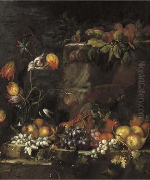 A Glass Vase With Tulips, And Apples, Grapes, Pears And Other Fruit On A Stone Ledge Oil Painting by Giovanni Paolo Castelli Spadino