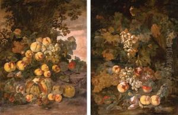 A Melon, Peaches, Plums, Quinces And Grapes By A Tree Oil Painting by Giovanni Paolo Castelli Spadino