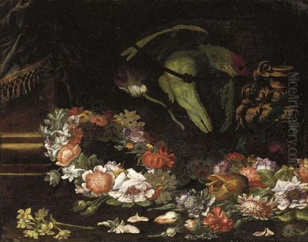 Narcissi, Peonies And Roses In A
 Wreath With Other Flowers Strewnon The Floor And A Parrot On A Rope Oil Painting by Giovanni Paolo Castelli Spadino