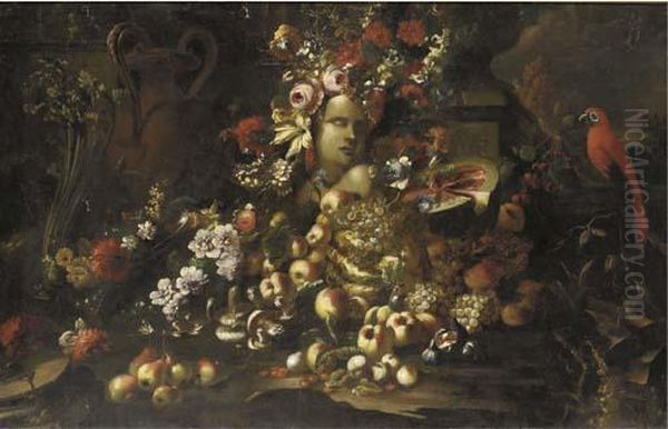 A Marble Bust Surrounded By 
Roses, Carnations, Morning Glory Andother Flowers, A Sliced Watermelon, 
Mushrooms, Grapes, Peaches,figs, Pears And Other Fruit With Urns And A 
Parrot In An Italianatelandscape Oil Painting by Giovanni Paolo Castelli Spadino