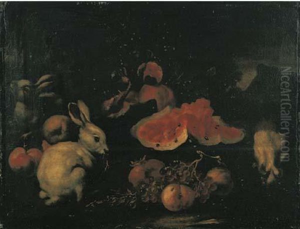 Pesche, Uva, Melograni, Anguria, Fichi, Tre Conigli En Plein Air Oil Painting by Giovanni Paolo Castelli Spadino