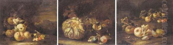 Apples, Plums And Cherries On A 
Bank; Watermelon, Plums And Grapes On A Bank; And Apples And Cherries On
 A Bank Oil Painting by Giovanni Paolo Castelli Spadino