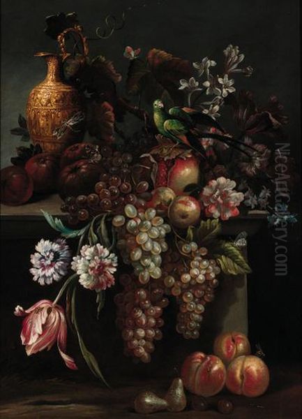 Still Life Of A Pomegranate, Grapes And A Ewer On A Ledge With Aparakeet And Butteflies Oil Painting by Giovanni Paolo Castelli Spadino