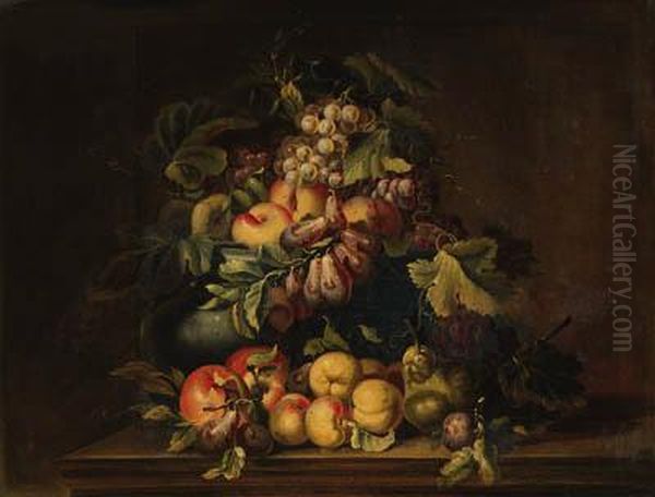 Peaches, Plums, Grapes, Pears 
And Limes In An Urn With Other Fruiton A Ledge; And Peaches, Plums And 
Grapes In An Urn With Apples Andother Fruit On A Ledge Oil Painting by Giovanni Paolo Castelli Spadino