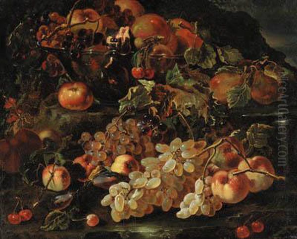 Grapes, Apples And Pomegranates In A Glass Bowl With Other Fruit Ona Rocky Bank Oil Painting by Giovanni Paolo Castelli Spadino