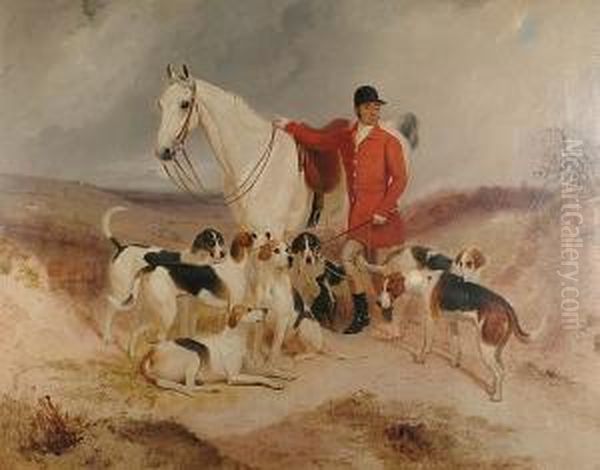 Dick Burton, Huntsman To The 
Tidworth Hunt, With His Hunter And Hounds In An Extensive Landscape Oil Painting by Charles Bilger Spalding