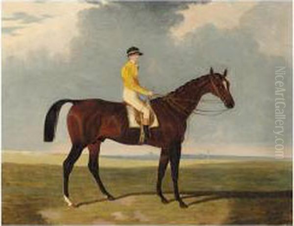 A Bay Racehorse With Jockey Up, A Racecourse Beyond Oil Painting by Charles Bilger Spalding