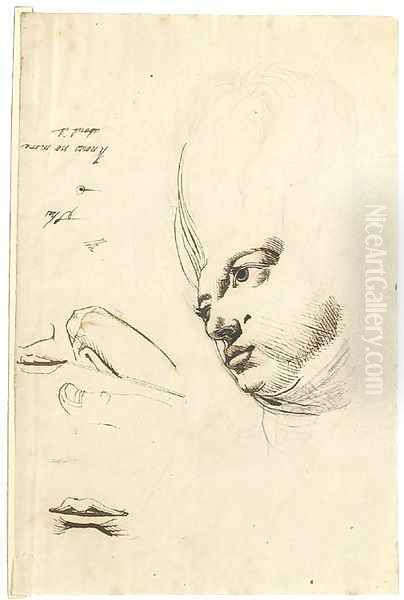 The head of Martha Hess, with studies of fingers and mouths Oil Painting by Johann Henry Fuseli