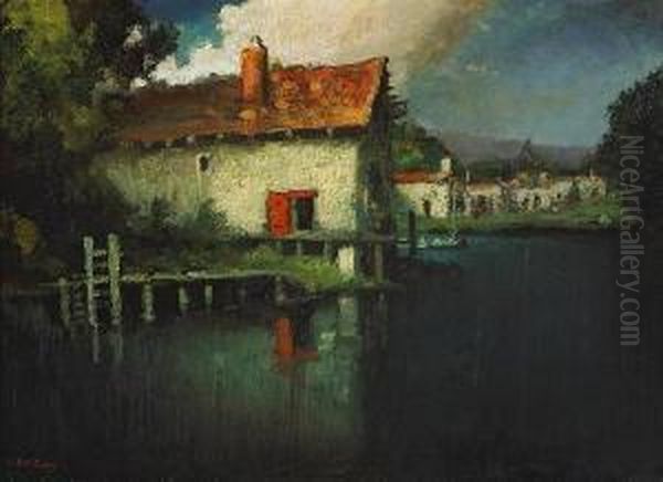 Adobe Homes Near A Lake Oil Painting by Will Speaks