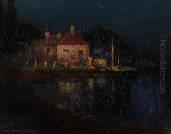 A Lake House On Moonlight Oil Painting by Will Speaks