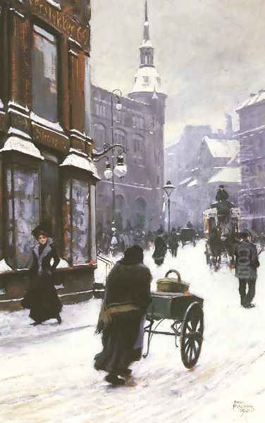 A Street Scene In Winter, Copenhagen Oil Painting by Paul-Gustave Fischer