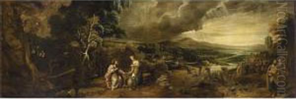 An Extensive Wooded River Landscape With Christ And The Woman Of Samaria Oil Painting by Hans, Jan Speeckaert