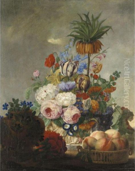 A Still Life With A Crown 
Fritillary, Tulips, Roses And Various Other Flowers In A Vase, Together 
With A Bowl Of Peaches Oil Painting by Michel Joseph Speeckaert