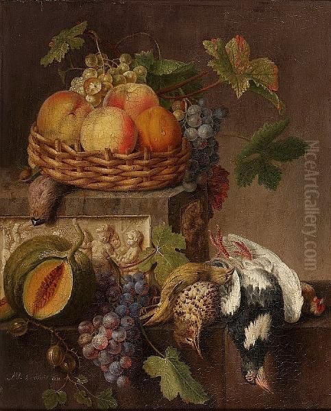 A Basket Of Peaches And Grapes 
On A Relief Carved Marble Ledge, With A Melon, Grapes, Dead Songbirds 
And Gooseberries On A Ledge Below; And Roses, A Tulip, Morning Glory And
 Other Flowers In A Bowl On A Relief Carved Marble Ledge, With Grapes, 
Peo Oil Painting by Michel Joseph Speeckaert