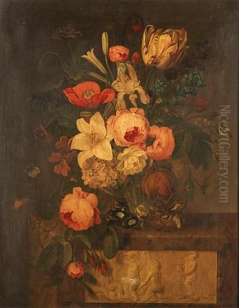 A Parrot Tulip, A Lily, Roses, A
 Poppy, Morning Glory And Other Flowers In An Urn On A Stone Ledge With 
Starlings In A Nest Oil Painting by Michel Joseph Speeckaert