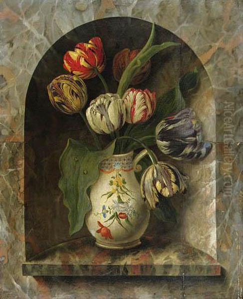 Parrot Tulips In A Jug On A Stone Ledge In An Alcove Oil Painting by Michel Joseph Speeckaert