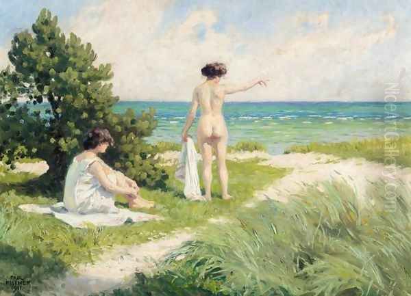 Bathers Resting on Sand Dunes (Solbadende i klitterne) Oil Painting by Paul-Gustave Fischer