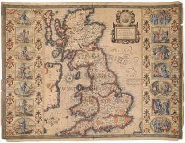 Speeds Map Of Early Britain, 
With The Notable Feature Of Depictions Of 14 Kings From The 6th And 7th 
Centuries On The Sides. English Text On Verso. Oil Painting by John Speede