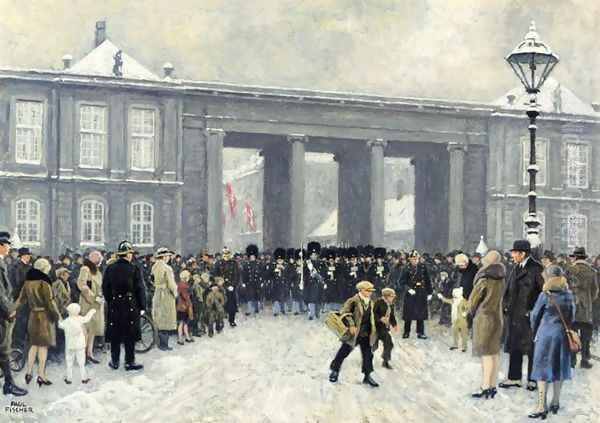 Guards Marching out of Amalienborg Castle (Livgarden marcherer ind mod Amalienborg slotsplads) Oil Painting by Paul-Gustave Fischer