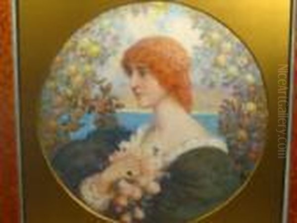 Spence. A Framed Watercolour And
 Body Colouredportrait Of A Red Haired Woman, Signed And Dated 1913, 
Diameter -41cm Oil Painting by Percy Fred. Seaton Spence