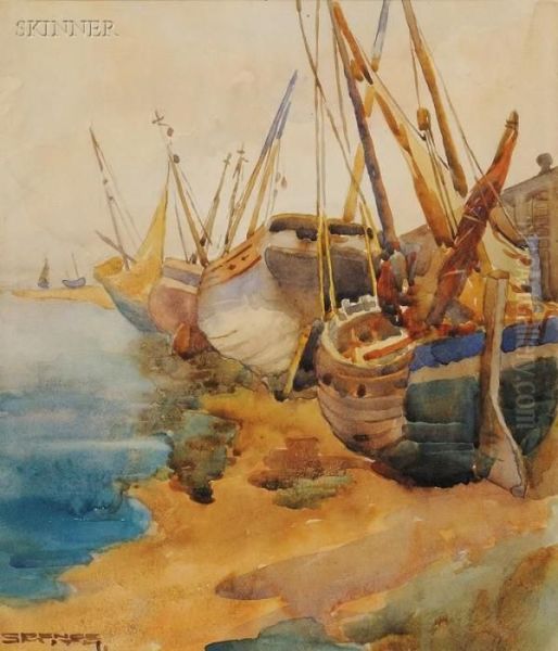 Boats Ashore Oil Painting by John Guthrie Spence-Smith