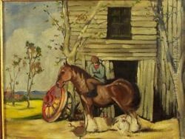 A Farmyard Scene With Horse And Hens by John Guthrie Spence-Smith