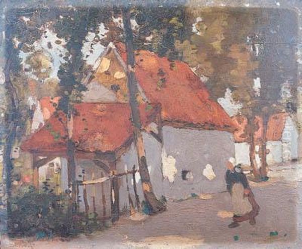 A Breton Woman On A Tree-lined Village Street by John Guthrie Spence-Smith