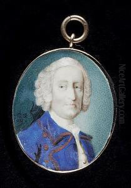 A Gentleman, Wearing Gold-edge 
Royal Blue Coat, White Waistcoat, Frilled Chemise And Powdered Wig Worn Oil Painting by Gervase Jarvis Spencer