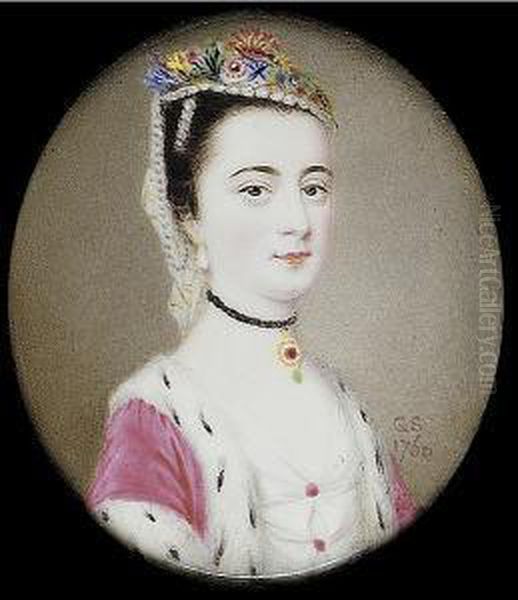 A Lady, Wearing Ermine-trimmed 
Cerise Robe Over White Dress With Cerise Buttons, Black Ribbon Choker 
With Jewelled Pendant, Drop Pearl Earring, Strand Of Pearls In Her Hair 
And Pearl Trimmed Cap Dressed With Flowers And White Veil Oil Painting by Gervase Jarvis Spencer