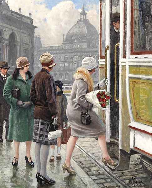 At the tram stop Oil Painting by Paul-Gustave Fischer