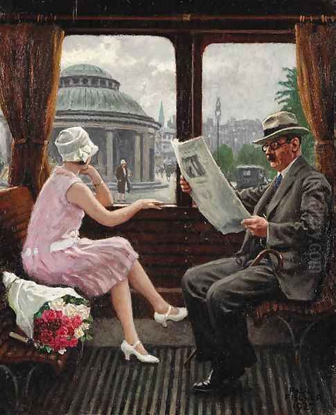 In the train compartment Oil Painting by Paul-Gustave Fischer