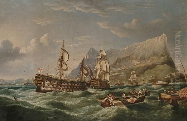 H.m.s. 'victory' Being Towed 
Into Gibralter On Her Way Home After The Battle Of Trafalgar Oil Painting by Richard Barnett Spencer