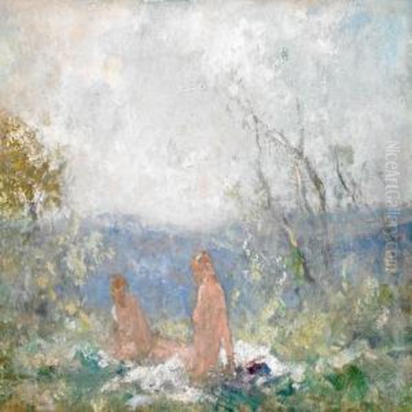 Mountainscenery With Two Girls Sunbathing Oil Painting by Frank Spenlove Spenlove