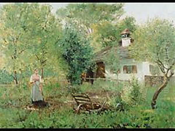 Madchen Im Bauerngarten Oil Painting by Johann Sperl