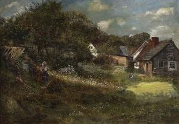 Bauernhauser Mit Wiese Oil Painting by Johann Sperl