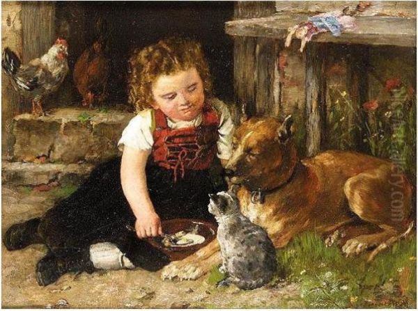 Little Girl Feeding The Animals Oil Painting by Johann Sperl