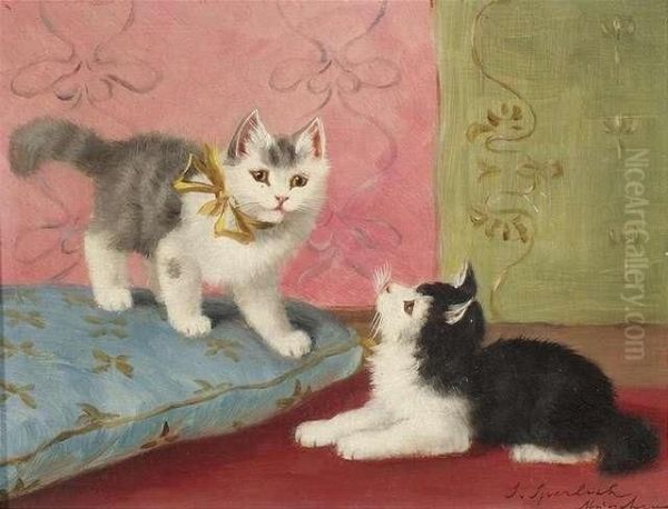 Two Kittens With A Blue Pillow Oil Painting by Sophie Sperlich