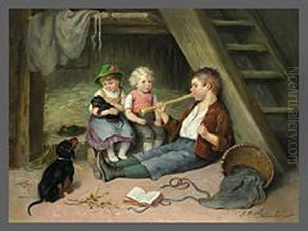 Kinder Mit Dackel Auf Dem Dachboden Oil Painting by Sophie Sperlich