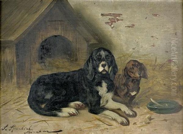 Zwei Hunde Vor Ihrer Hutte. Oil Painting by Sophie Sperlich