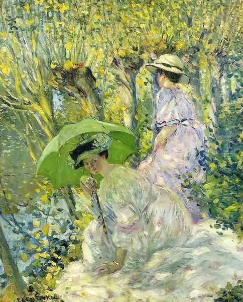 Two Young Women in a Garden Oil Painting by Frederick Carl Frieseke