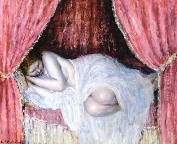 Nude Behind Red Curtains Oil Painting by Frederick Carl Frieseke