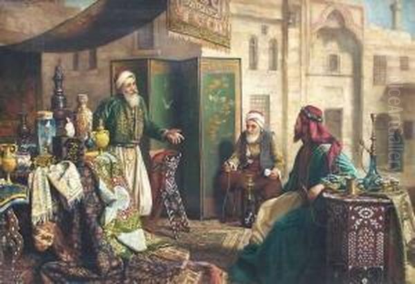 Szene Auf Einem Orientalischen Basar, Drei Manner Beim Gesprach Oil Painting by Carl Johann Spielter