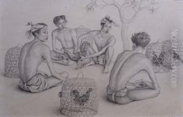 Four Young Balinese With Fighting Cocks Oil Painting by Walter Spies