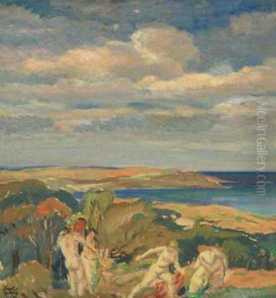 A Landscape With Figures Oil Painting by Karel Spillar