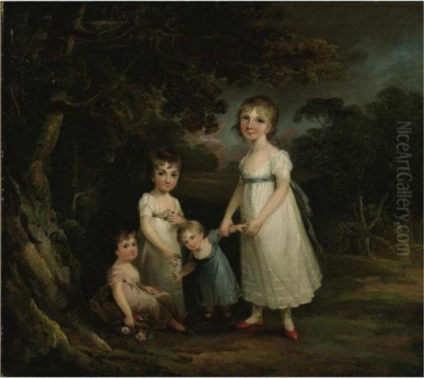 Portrait Of Four Children In A Landscape Oil Painting by Maria Spilsbury